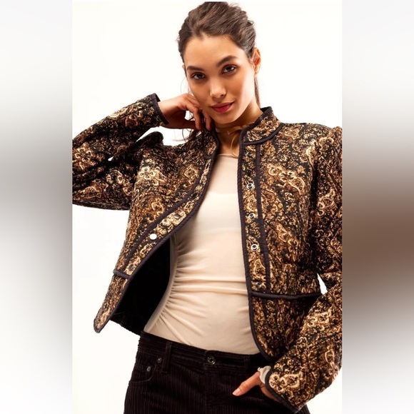 Free People Zoey Jacket QuiltedPockets Puff Sleeves Black Gold Tan Print